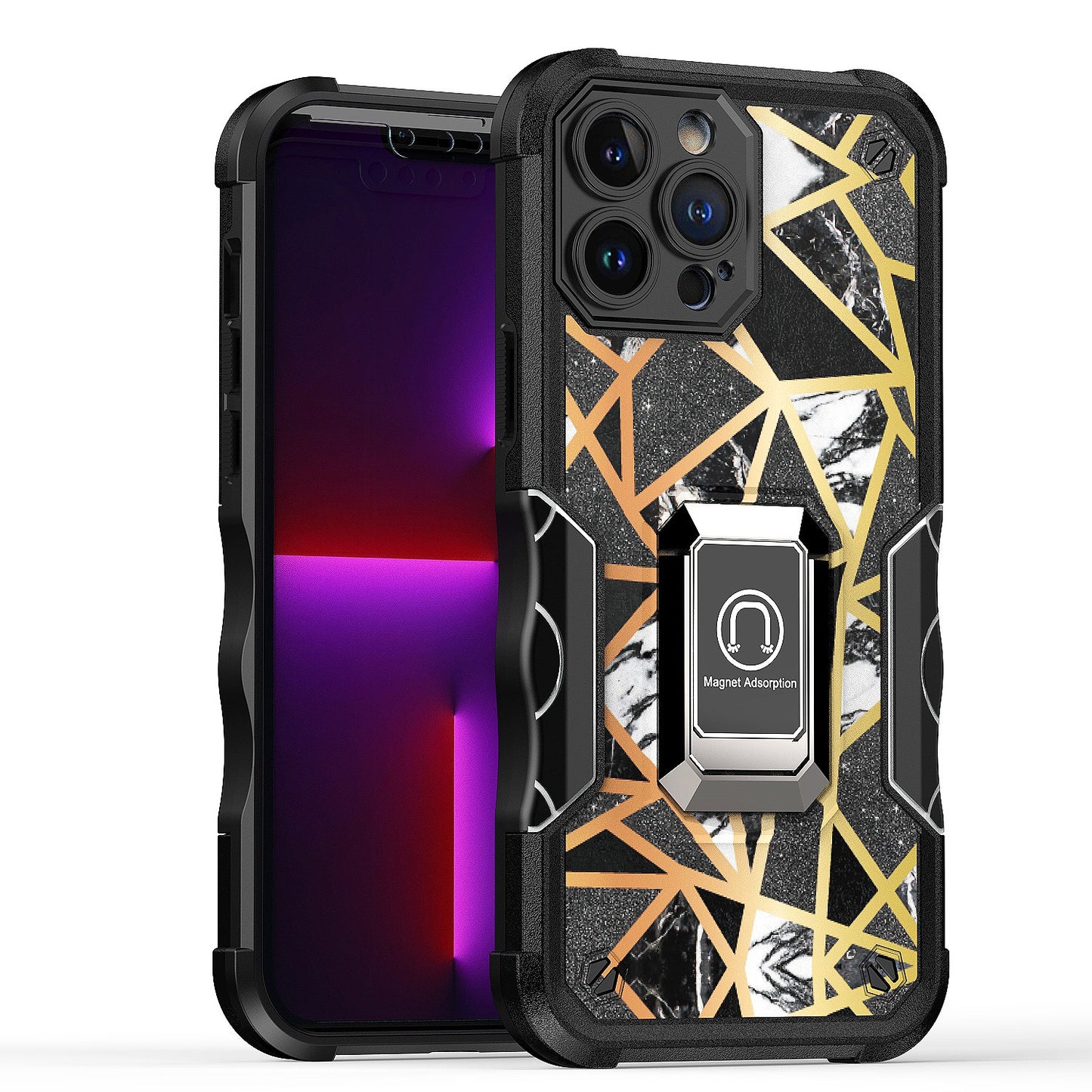 For Samsung Galaxy A53 5G Marble IMD Stone Design Hybrid Armor with Magnetic Ring Stand Kickstand Heavy Duty Rugged Shockproof  Phone Case Cover