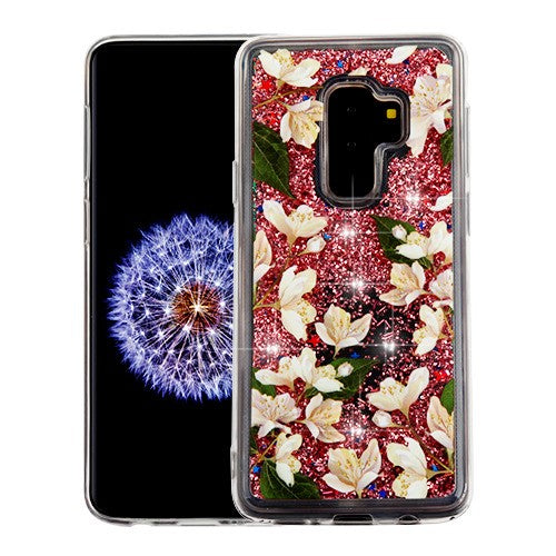 For Samsung Galaxy S9 Plus Quicksand Liquid Glitter Bling Hybrid Image Flowing Sparkle Protector Skin Sally Flower Phone Case Cover