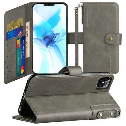 For Apple iPhone 8 Plus/7 Plus/6 6S Plus Wallet Case with Credit Card Holder, PU Leather Flip Pouch Kickstand & Strap Gray Phone Case Cover