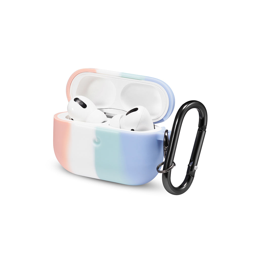 For Apple AirPods 3 (2021) Trio Colorful Block Silicone Skin Rubber TPU with Carabiner [Front LED Visible] Shock-Proof Full Protective  Phone Case Cover