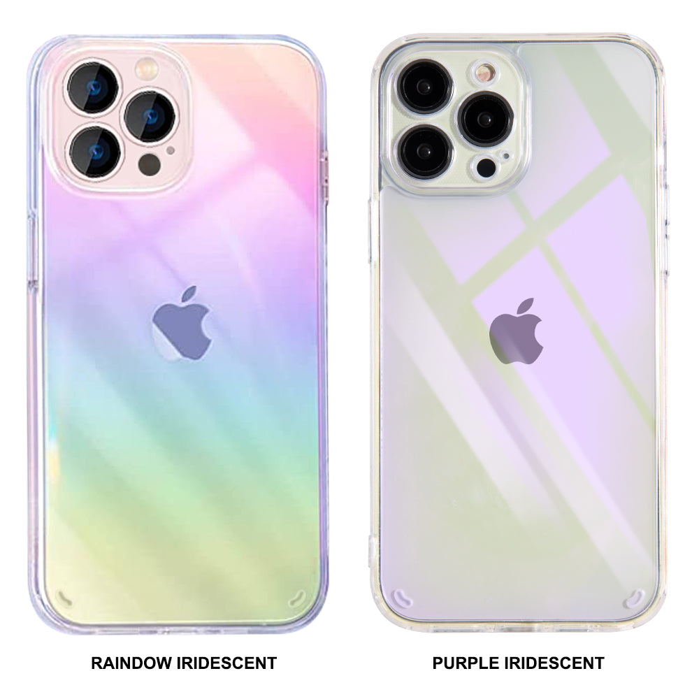 For Apple iPhone 13 Pro Max (6.7") Holographic Color Changing Transparent Clear Iridescent Design Acrylic Gummy Hybrid Purple Iridescent Phone Case Cover