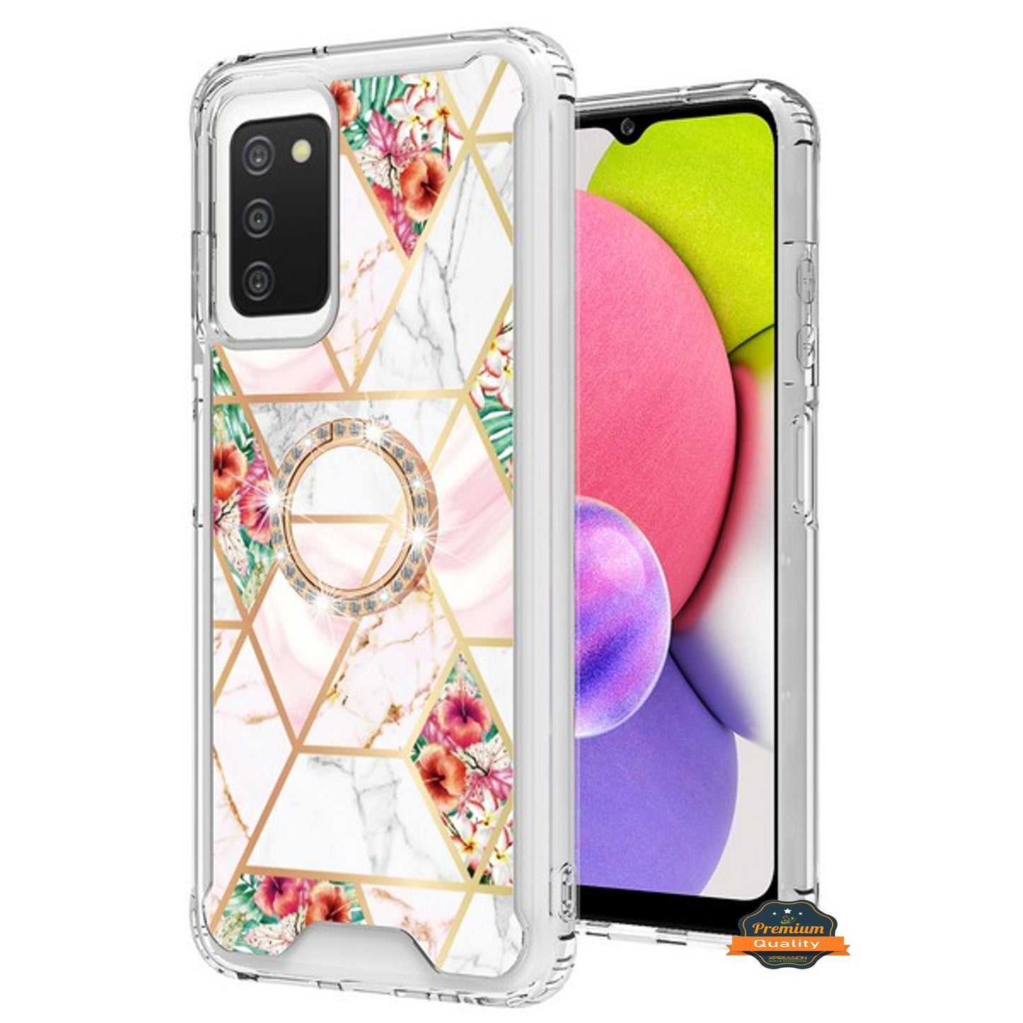 For Samsung Galaxy A13 5G Fashion Design Pattern Flowers Hybrid Ring Kickstand Bling Diamond Hard PC + TPU  Phone Case Cover