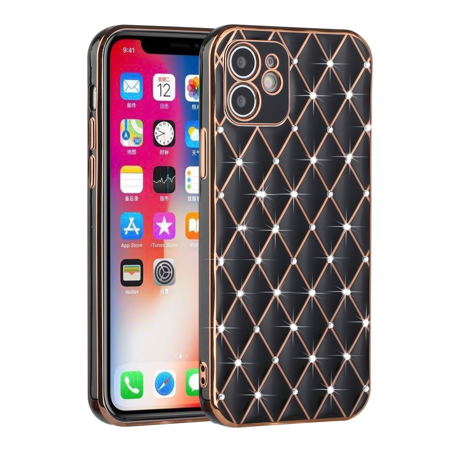 For Apple iPhone 11 (6.1") Luxury Diamonds on Electroplated Grid Design Rhinestone Protective TPU Hard PC  Phone Case Cover