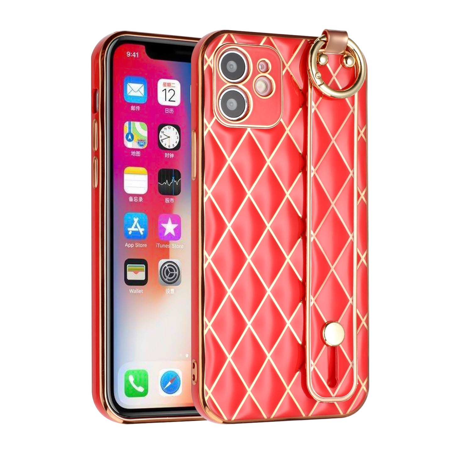 For Apple iPhone 11 (6.1") Chromed Grid Design with Strap Holder Fashion Hybrid Rubber TPU Hard PC Slim Fit  Phone Case Cover