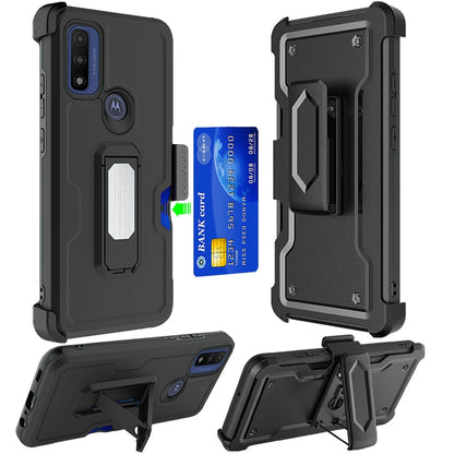 For Motorola Moto G Power 2022 Armor Belt Clip with Credit Card Holder, Holster, Kickstand Protective Full Body Heavy Duty Hybrid  Phone Case Cover