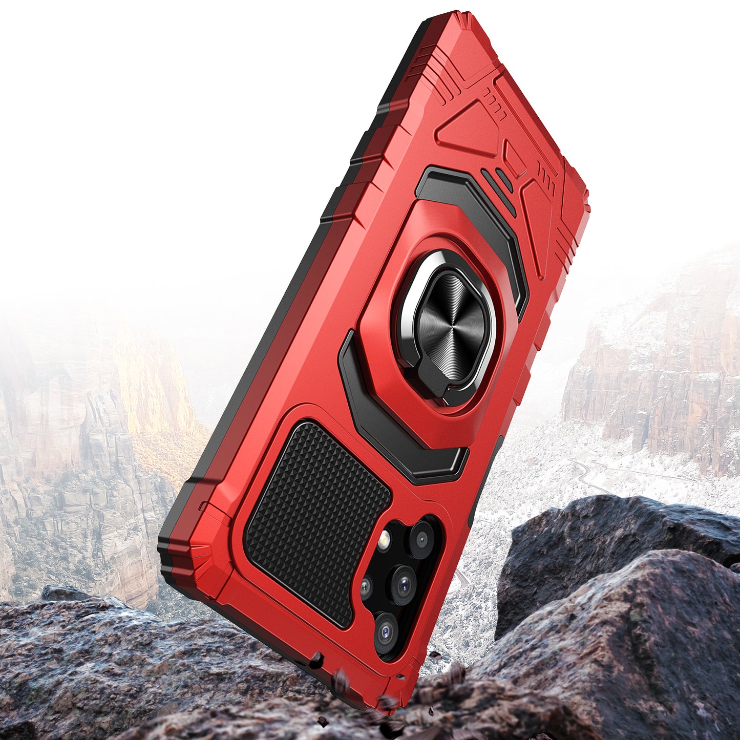 For Cricket Dream 5G Hybrid Dual Layer with Rotate Magnetic Ring Stand Holder Kickstand, Rugged Shockproof Anti-Scratch Red Phone Case Cover