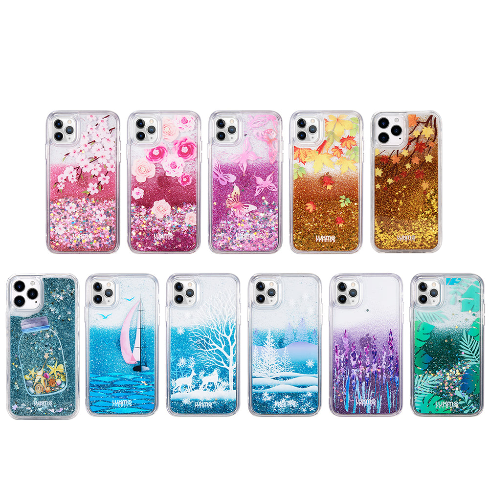 For Apple iPhone 13 /Pro Max Mini Quicksand Waterfall Liquid Glitter Sparkling Pattern Design Floating Bling Hybrid Soft TPU + PC Clear  Phone Case Cover