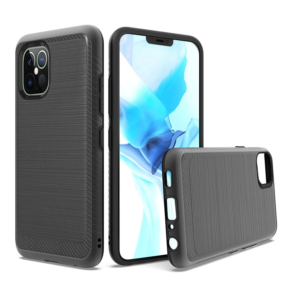 For Apple iPhone 13 Pro Max (6.7") Slim Thin Protective Hybrid TPU 2-Piece Bumper Shockproof with Brushed Metal Texture Carbon Fiber Hard PC Back  Phone Case Cover