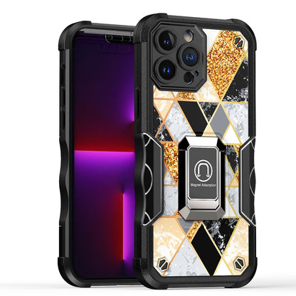 For Apple iPhone 11 (6.1") Marble IMD Stone Design Hybrid Armor with Magnetic Ring Stand Kickstand Heavy Duty Rugged  Phone Case Cover