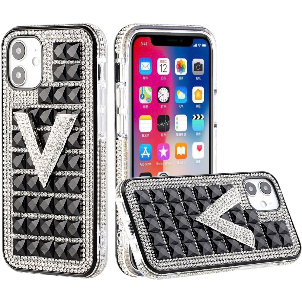 For Apple iPhone 12 Pro Max (6.7") Fashion Luxury 3D Bling Diamonds Rhinestone Jeweled Ornament Shiny Crystal Hybrid Hard  Phone Case Cover