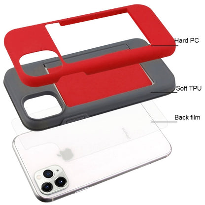 For Apple iPhone 11 (5.8") Credit Card Wallet Back Storage Invisible Pocket Dual Layer Hard PC TPU Hybrid Protective Red Phone Case Cover