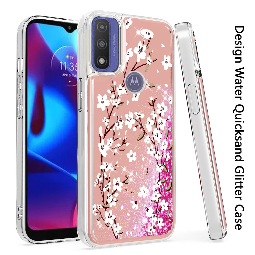 For Motorola Moto G Power 2022 Floral Design Quicksand Water Flowing Liquid Floating Sparkle Glitter Bling Flower Fashion Hybrid Hard  Phone Case Cover