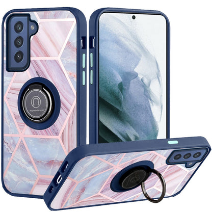 For Samsung Galaxy S22 Plus Marble Design with Magnetic Ring Kickstand Holder Hybrid TPU Hard PC Shockproof Armor Blue Pink Phone Case Cover