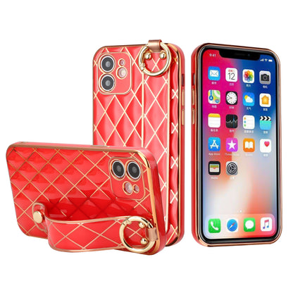 For Apple iPhone 11 (6.1") Chromed Grid Design with Strap Holder Fashion Hybrid Rubber TPU Hard PC Slim Fit  Phone Case Cover