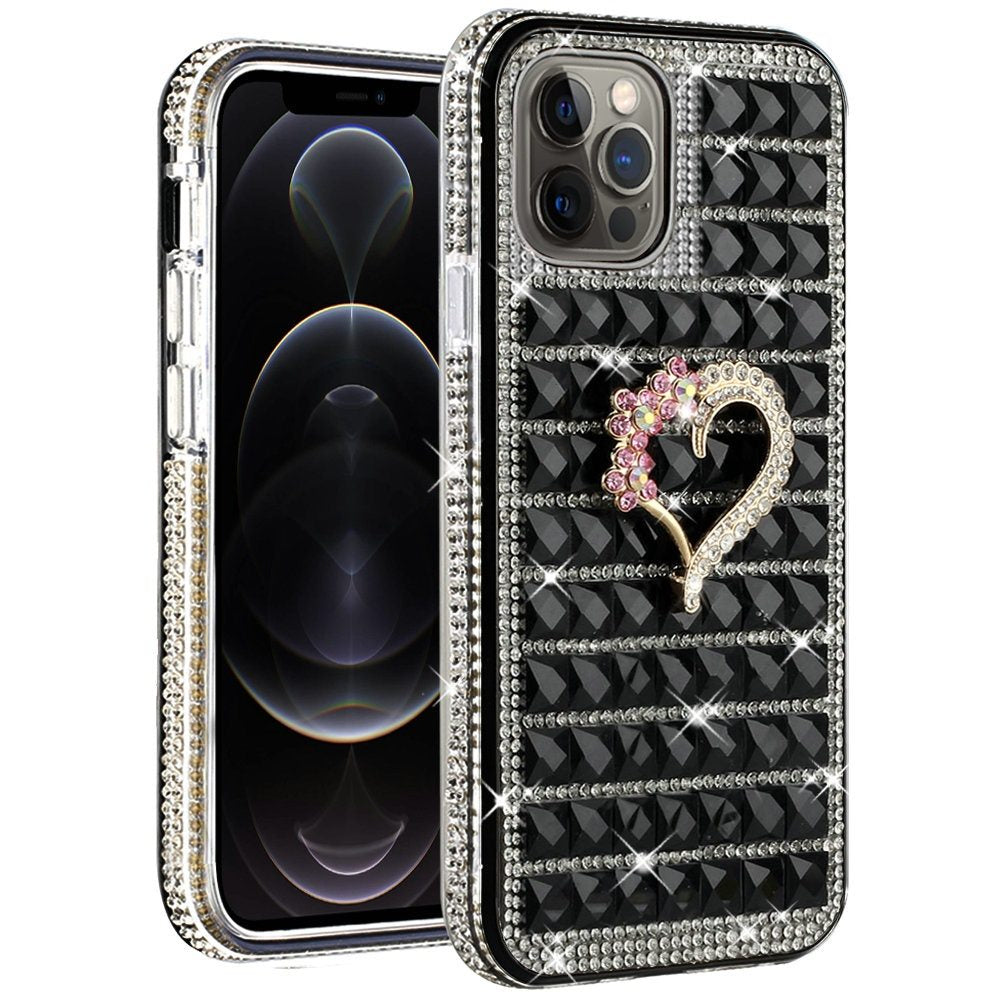 For Apple iPhone 12 Pro Max (6.7") Fashion Luxury 3D Bling Diamonds Rhinestone Jeweled Ornament Shiny Crystal Hybrid Hard  Phone Case Cover