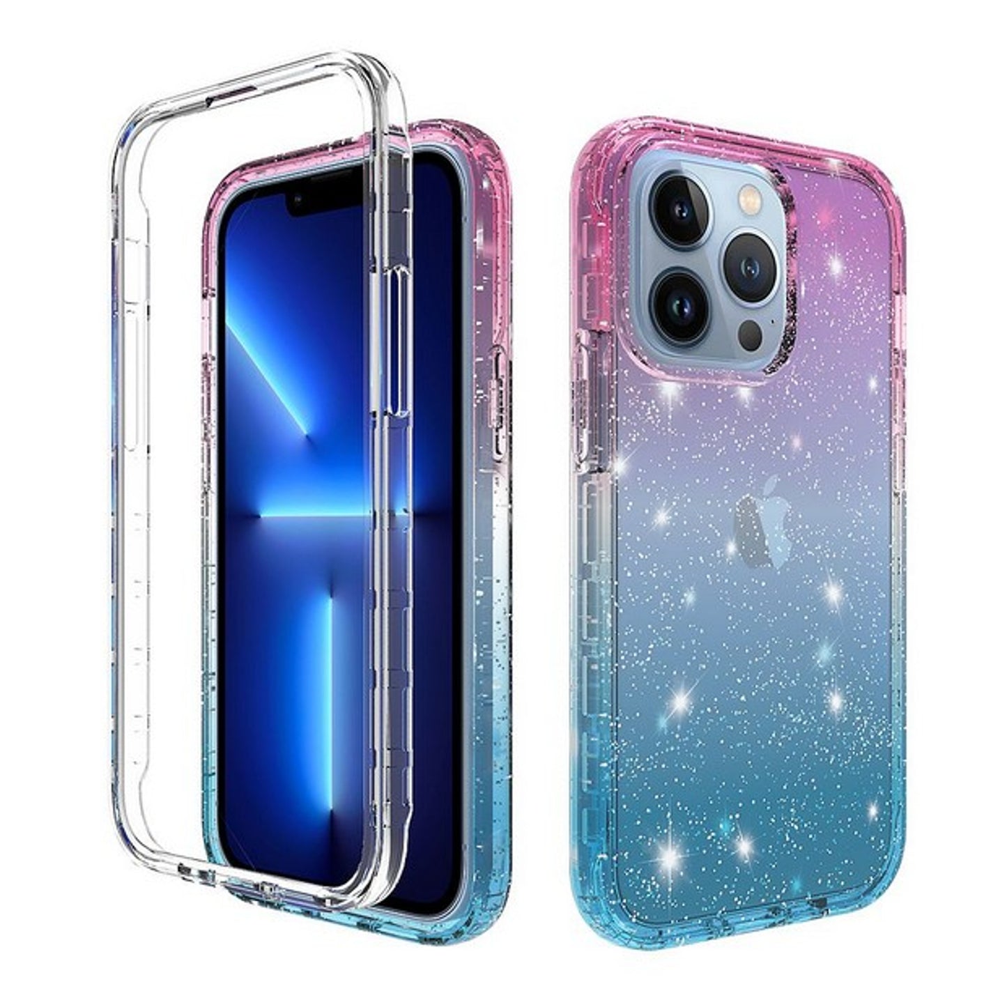 For Apple iPhone 13 Pro Max Mini Clear Gradient Glitter Bling Sparkly Hybrid Hard PC Soft TPU Bumper and Front Frame Drop Protective  Phone Case Cover