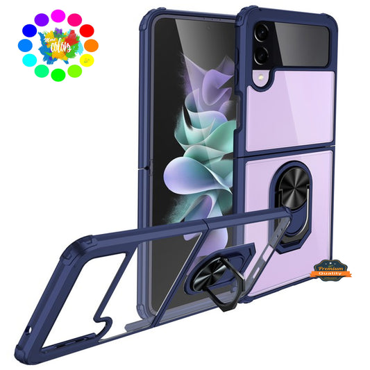 For Samsung Galaxy Z Flip 4 5G Transparent Back Hybrid Cases with Magnet Ring Stand Color Bumper Frame Slim Hard PC TPU  Phone Case Cover