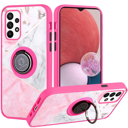 For Samsung Galaxy A13 4G 2022 Marble Design with Magnetic Ring Kickstand Holder Hybrid TPU Hard PC Shockproof Armor Elegant Pink Phone Case Cover