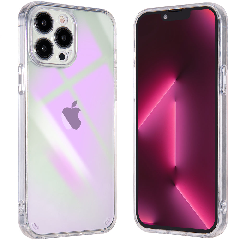 For Apple iPhone 13 Pro Max (6.7") Holographic Color Changing Transparent Clear Iridescent Design Acrylic Gummy Hybrid Purple Iridescent Phone Case Cover