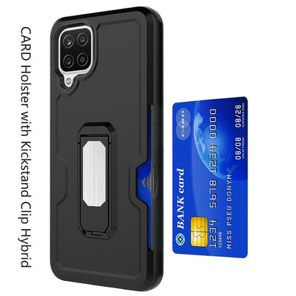 For Samsung Galaxy A42 5G Armor Belt Clip with Credit Card Holder, Holster, Kickstand Protective Full Body Heavy Duty Hybrid Black Phone Case Cover