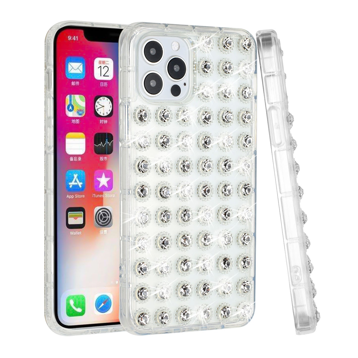 For Apple iPhone 13 Pro (6.1") Luxury All Over 3D Diamonds Rhinestone TPU Shiny Bling Glitter Protective Rubber Frame  Phone Case Cover