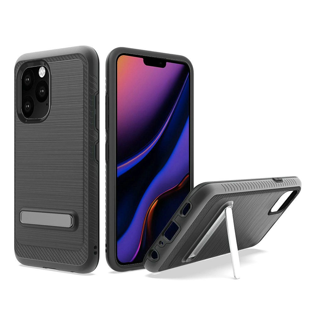 For Apple iPhone 13 Pro (6.1") Slim Brushed Hybrid Shock-Absorption Armor Edged Carbon Fiber with Metal Kickstand Rugged Texture  Phone Case Cover