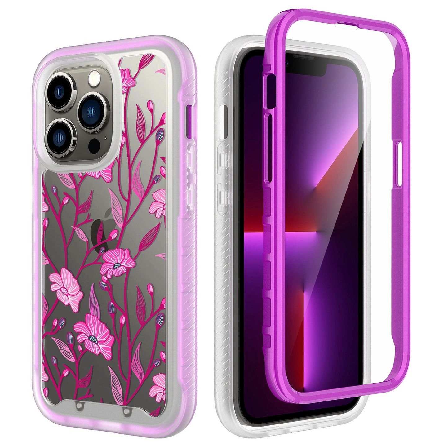 For OnePlus 10T 5G Stylish Flower Design 2in1 Hybrid Dual Layer Armor Hard PC Rubber TPU Shockproof Front Frame Exotic Purple Floral Phone Case Cover