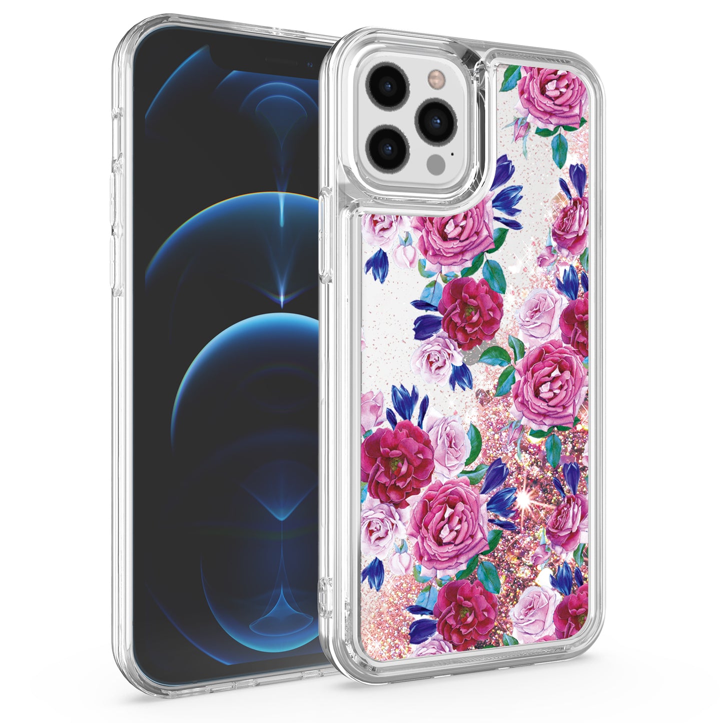 For Apple iPhone 14 (6.1") Floral Design Quicksand Water Flowing Liquid Floating Sparkle Colorful Bling Hybrid  Phone Case Cover