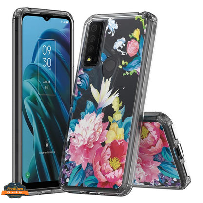 For TCL REVVL V Plus 5G Floral Patterns Design Transparent TPU Silicone Shock Absorption Bumper Hard PC Back  Phone Case Cover