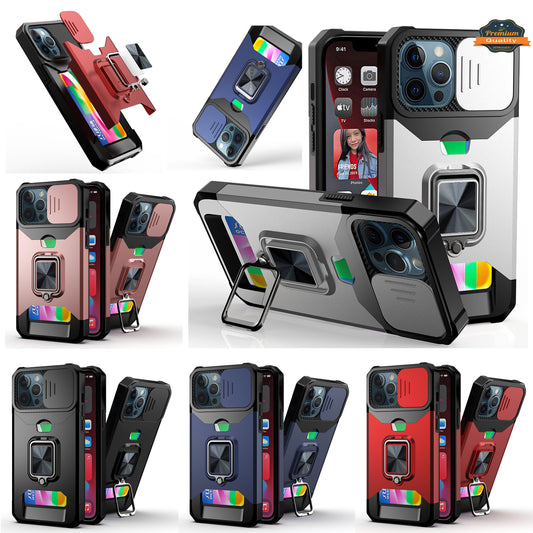 For Apple iPhone 11 (6.1") Wallet Case with Ring Stand & Slide Camera Cover Credit Card Slot Holder, Military Grade Hard  Phone Case Cover