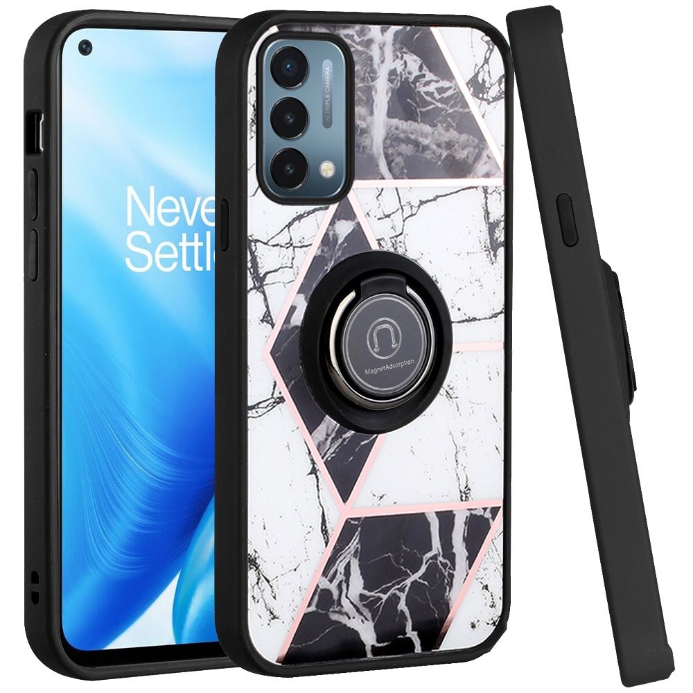 For OnePlus Nord N200 5G Unique Marble Design with Ring Kickstand Holder Hybrid Soft TPU Hard PC Shockproof Armor Bumper  Phone Case Cover