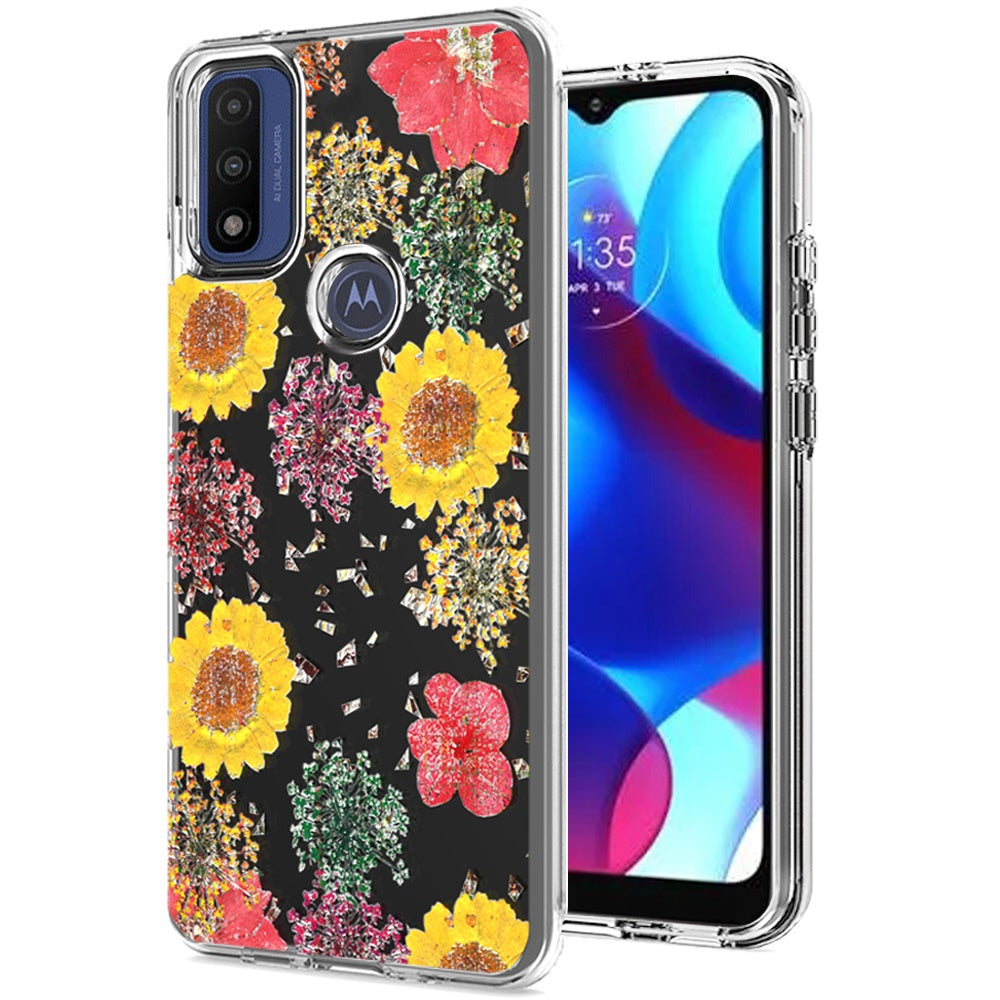 For Motorola Moto G Pure Glitter Floral Print Pattern Clear Design Shockproof Hybrid Fashion Sparkle Rubber TPU Bumper  Phone Case Cover