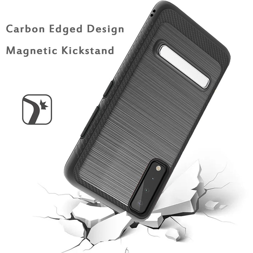 For Apple iPhone 13 Pro (6.1") Slim Brushed Hybrid Shock-Absorption Armor Edged Carbon Fiber with Metal Kickstand Rugged Texture  Phone Case Cover