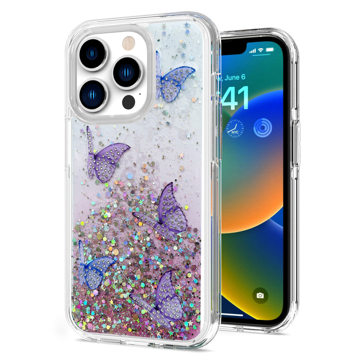 For Apple iPhone 11 (6.1") Butterflies Glitter Bling Shiny Sparkle Glittering Flake Hybrid Hard PC TPU Silicone Slim  Phone Case Cover