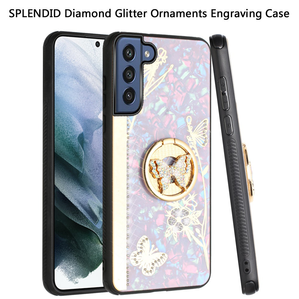 For Samsung Galaxy S22 /Plus Ultra Diamond Bling Sparkly 3D Ornaments Engraving Hybrid with Ring Stand Holder Rugged Fashion  Phone Case Cover