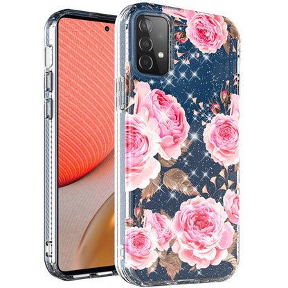 For Samsung Galaxy A72 5G Slim Hybrid Shiny Glitter Clear Floral Pattern Bloom Flower Design TPU Gel Hard PC Back  Phone Case Cover