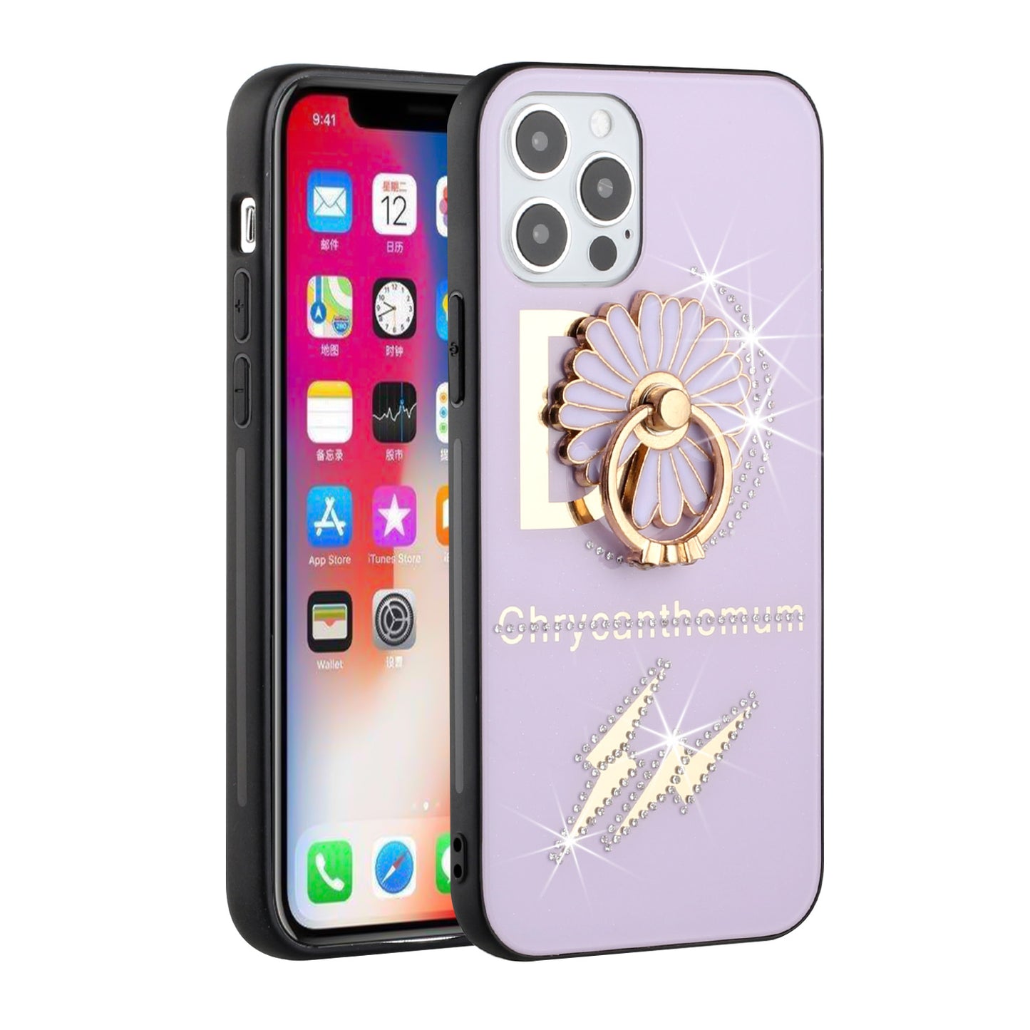 For Apple iPhone 13 Pro (6.1") Diamond Bling Sparkly Glitter Ornaments Engraving Hybrid Armor with Ring Stand Holder Rugged Fashion  Phone Case Cover