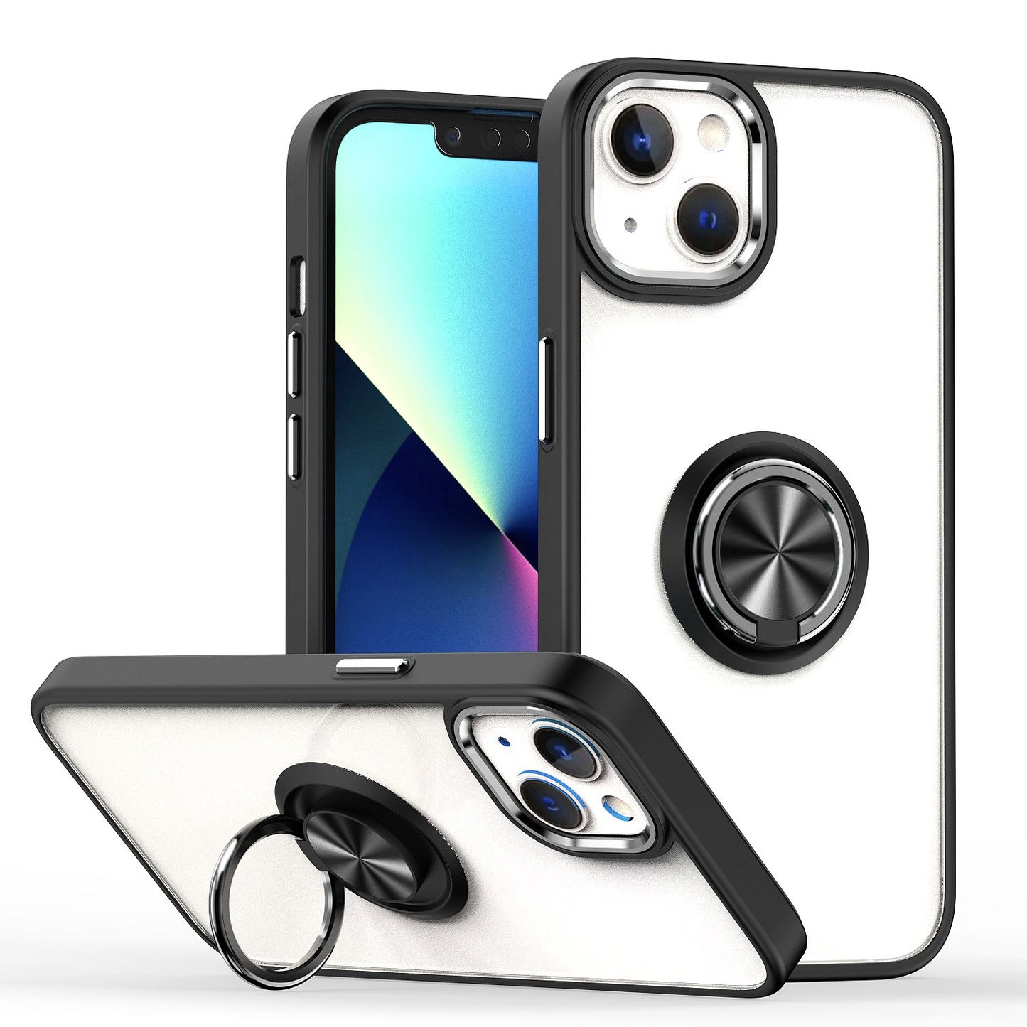 For Apple iPhone 11 (6.1") Slim Transparent Shockproof Hybrid Chromed with Magnetic Ring Stand Holder  Phone Case Cover