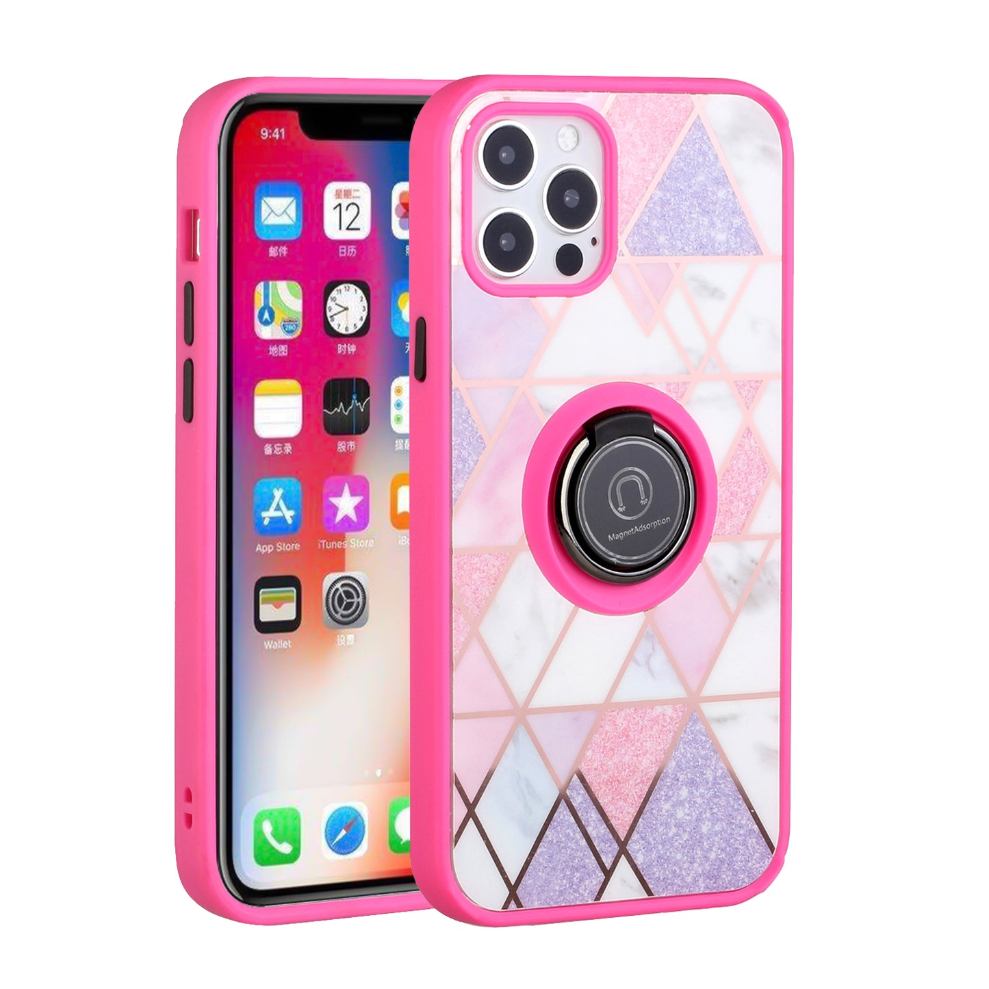 For Apple iPhone 14 (6.1") Unique Marble Design with Magnetic Ring Kickstand Holder Hybrid TPU Hard PC Shockproof  Phone Case Cover