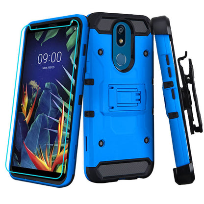 For LG K40 /Harmony 3 Hybrid Armor with Belt Clip Holster Kickstand Hard PC Shockproof &Tempered Glass Screen Protector Blue Phone Case Cover