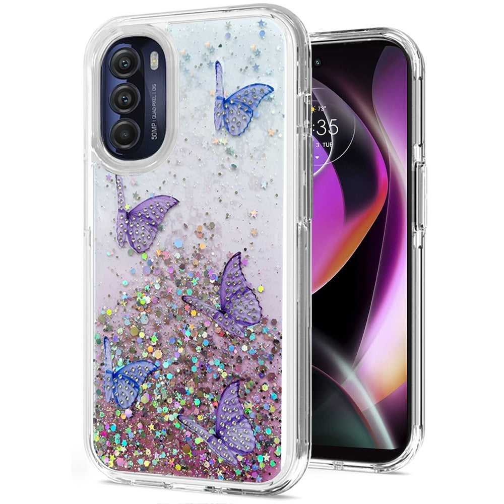 For Motorola Moto G 5G 2022 Butterflies Glitter Bling Shiny Sparkle Glittering Flake Hybrid Hard PC TPU Silicone Slim  Phone Case Cover