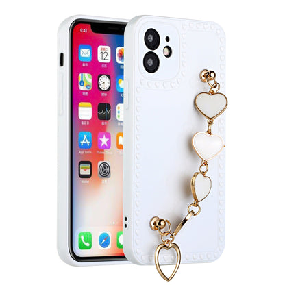 For Apple iPhone 12 Pro Max (6.7") Hybrid Soft TPU Rubber Cute Pattern with Love Heart Chain Wristband Bracelet Strap Protective  Phone Case Cover