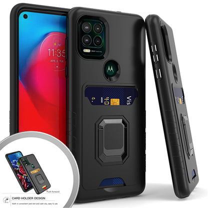 For Motorola Moto G 5G 2022 Wallet Credit Card Slot Holder with Metal Ring Kickstand Heavy Duty Shockproof Hybrid Stand  Phone Case Cover