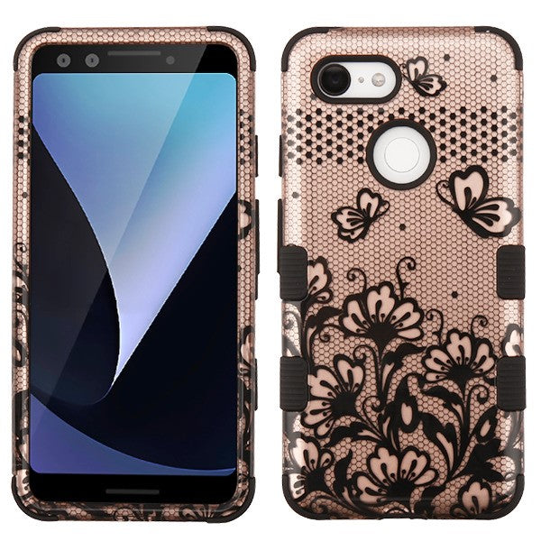 For Google Pixel 3 Hybrid Three Layer Hard PC Shockproof Heavy Duty TPU Rubber Anti-Drop Rose Gold Lace Flowers Phone Case Cover