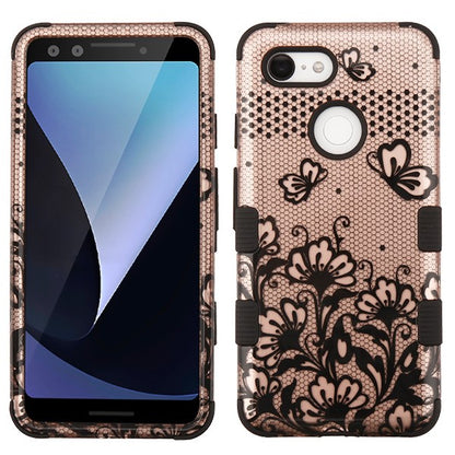 For Google Pixel 3 Hybrid Three Layer Hard PC Shockproof Heavy Duty TPU Rubber Anti-Drop Rose Gold Lace Flowers Phone Case Cover