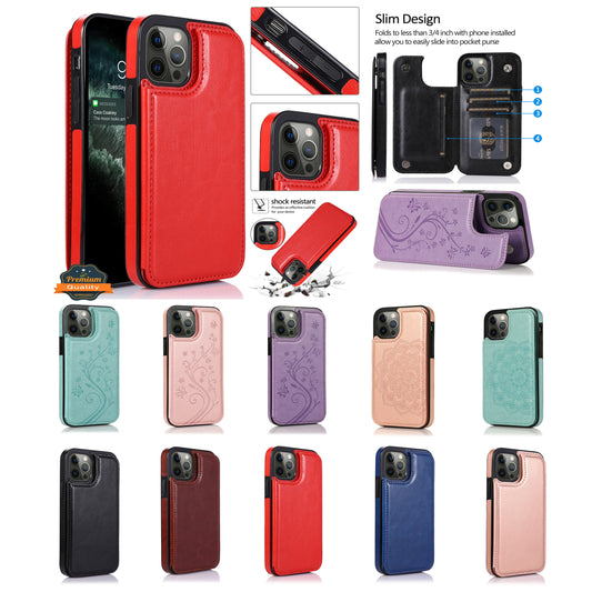 For Apple iPhone 13 Pro (6.1") PU Leather [Two Magnetic Clasp] [Card Slots] Stand Function Shockproof Back Wallet Flip  Phone Case Cover