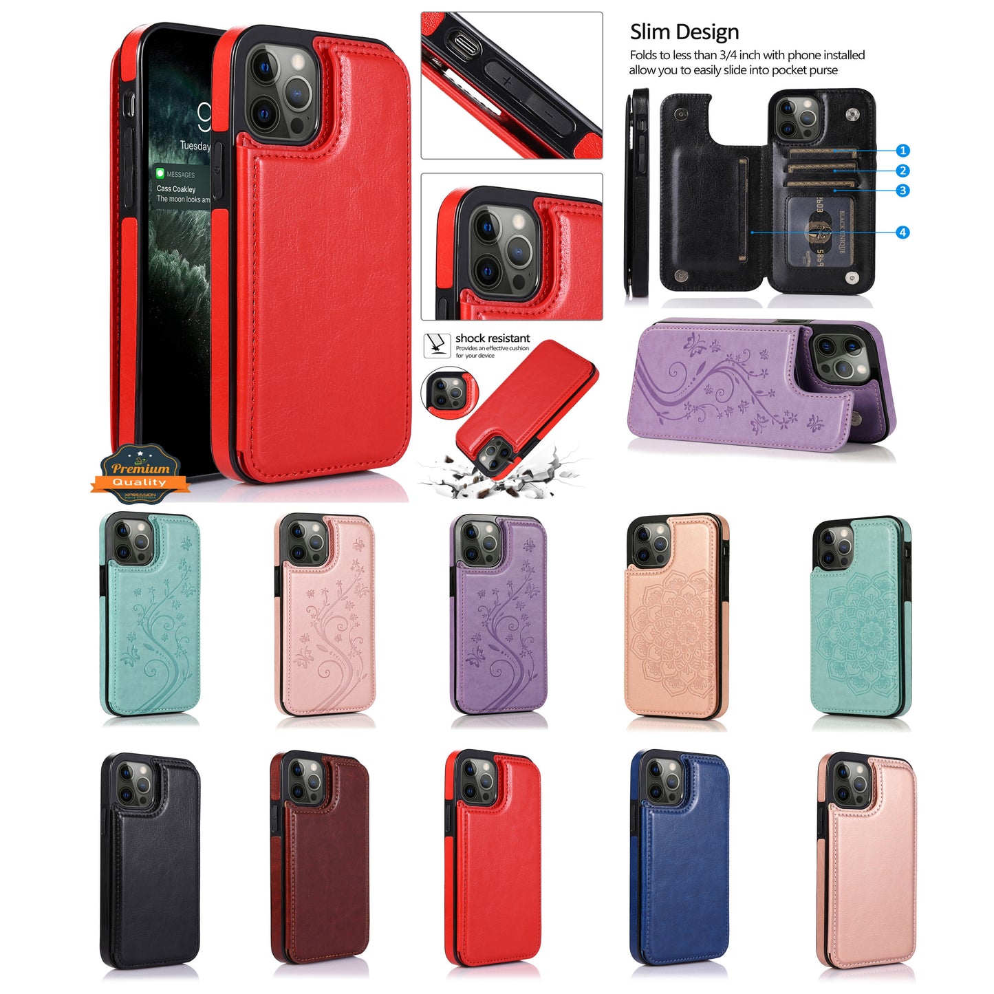 For Apple iPhone 13 (6.1")PU Leather Design [Two Magnetic Clasp] [Card Slots] Stand Function Shockproof Back Wallet Flip  Phone Case Cover