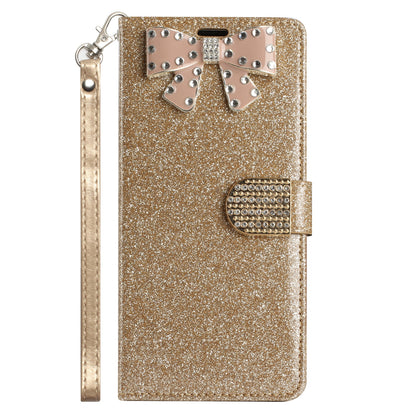 For Apple iPhone 11 (6.1") Wallet Bow Glitter Bling Ornament Shimmer with Credit Card Slot Pocket & Lanyard Strap  Phone Case Cover