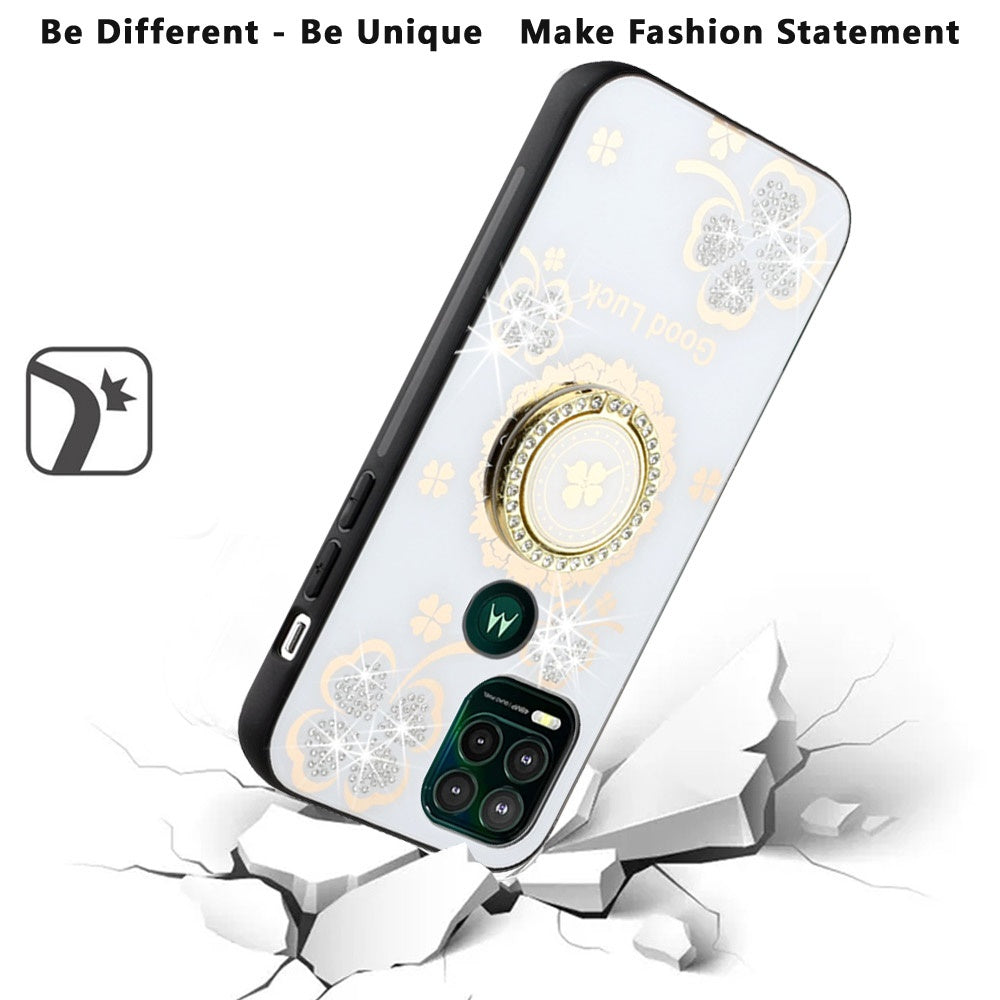 For OnePlus Nord N20 5G Diamond Bling Sparkly Glitter Ornaments Hybrid with Ring Kickstand Rugged Fashion White Good Luck Floral Phone Case Cover