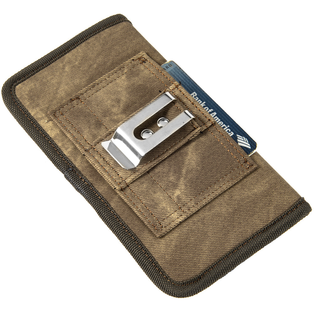 For Samsung Galaxy A03S Universal Horizontal Cell Phone Case Fabric Holster Carrying Pouch with Belt Clip and 2 Card Slots fit Large Devices 6.3" [Brown Denim]